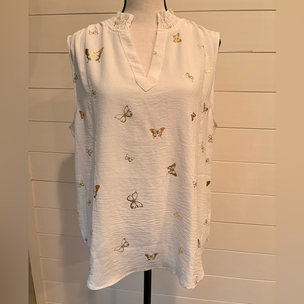 Como Black White Sleeveless Blouse with Gold Foil Butterfly Print – Size Large